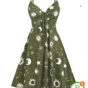Source Unknown Olive Celestial Print Mini Dress